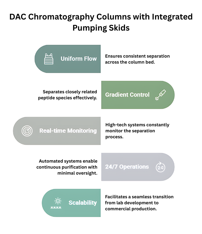 It is an AI-generated infographic on DAC chromatography columns with pumping skids showing uniform flow, gradient control, monitoring, 24/7 ops, and scalability.