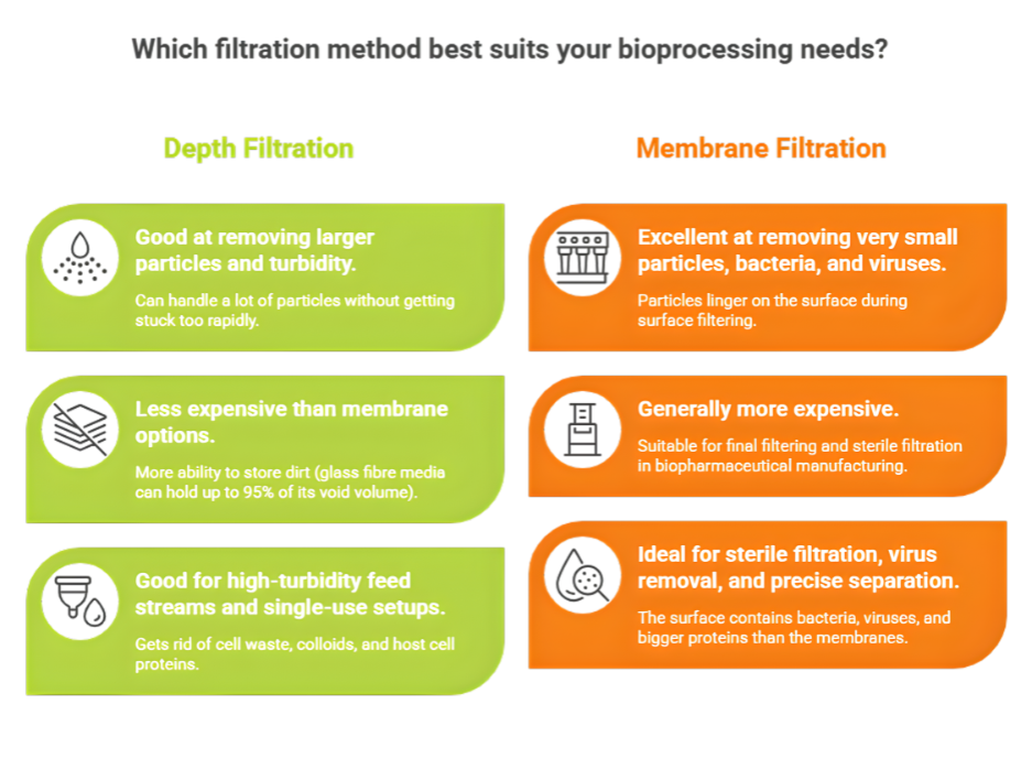 AI-generated infographic comparing depth filtration vs membrane filtration for bioprocessing applications.