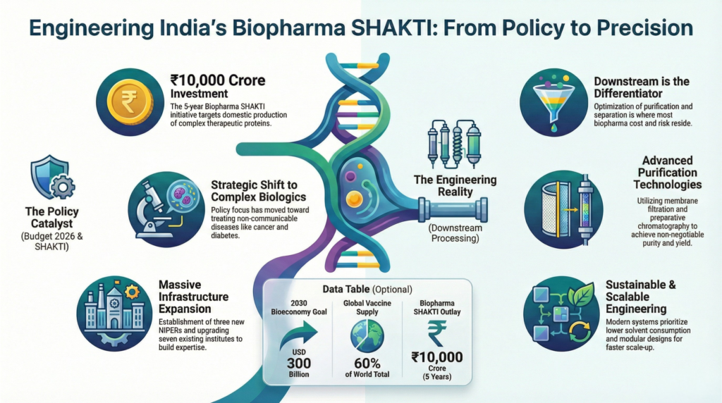 Infographic on India’s Biopharma SHAKTI investment, advanced biopharma engineering, and Sanitech Engineers’ readiness for the new budget-driven growth.