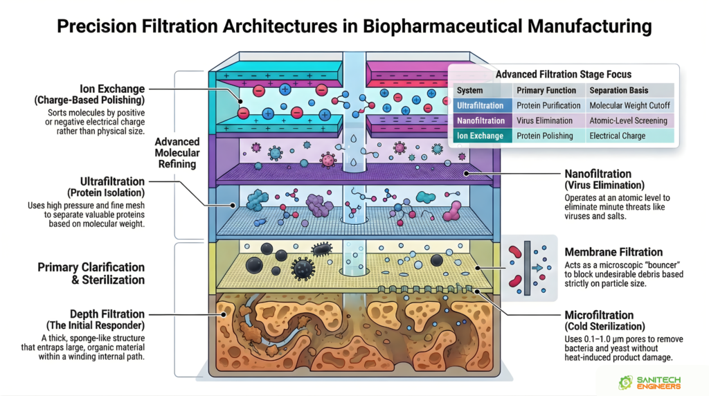 AI-generated infographic showing precision filtration architectures in biopharmaceutical manufacturing, including depth filtration, microfiltration, membrane filtration, ultrafiltration, nanofiltration, and ion exchange stages.