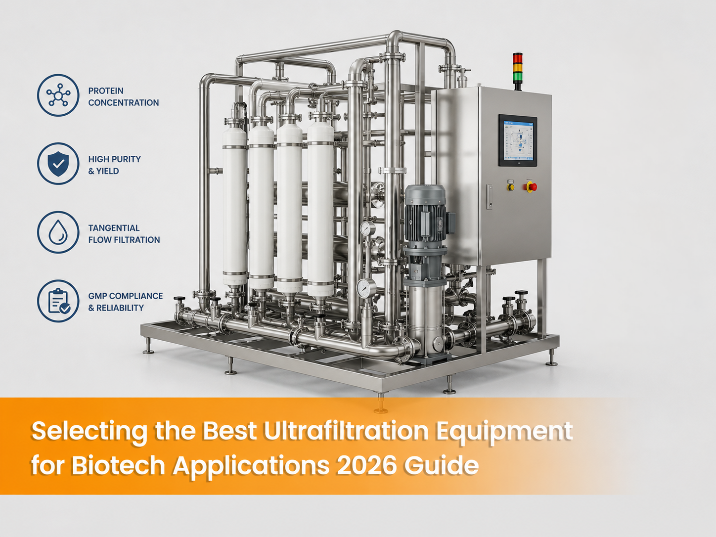 AI generated image of stainless steel ultrafiltration equipment for biotech applications with tangential flow filtration system and process highlights
