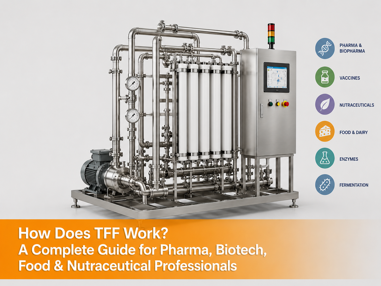 AI generated image of industrial tangential flow filtration (TFF) system for pharma, biotech, food and nutraceutical processing