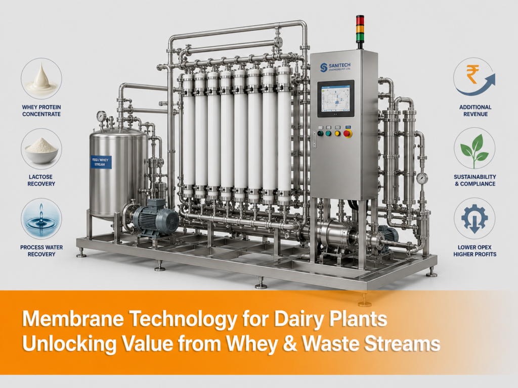 AI generated image of a dairy membrane filtration system for whey protein concentration, lactose recovery, process water reuse, and waste stream valorization in dairy plants