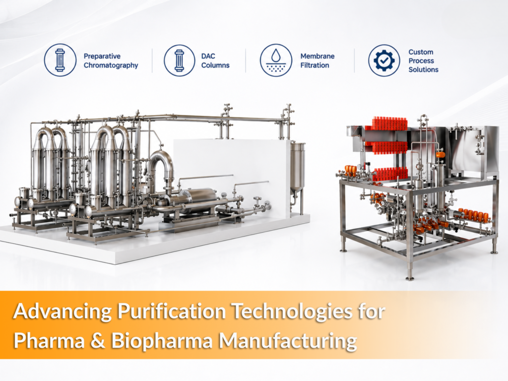 AI generated image of Membrane filtration and DAC chromatography columns for pharma and biopharma purification