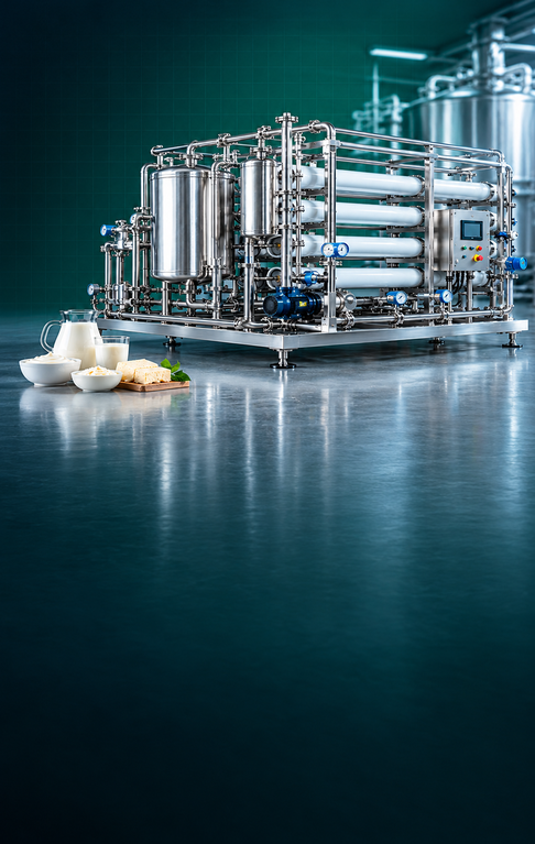 "A customized stainless steel dairy membrane filtration system skid used for whey processing and demineralization, displayed next to fresh milk and cheese products."