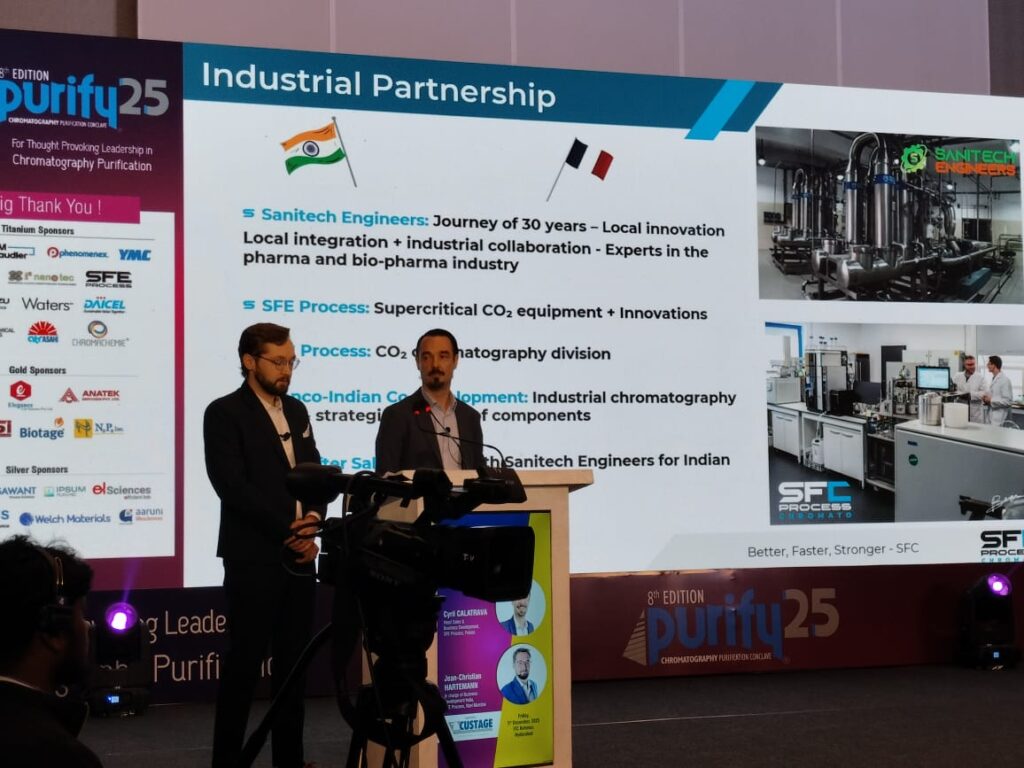 Industrial Partnership slide on Sanitech Engineers' 30-year journey and SFE Process supercritical CO2 chromatography